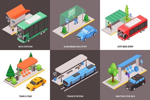 Isometric city public transport stop design concept with text captions and images of vehicles with passengers vector illustration