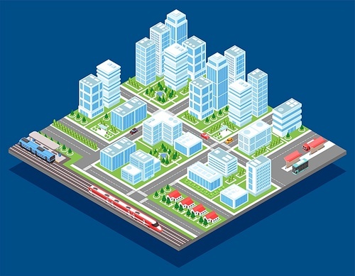 Isometric industrial city composition with image of city block with rail transport streets and glossy skyscrapers vector illustration