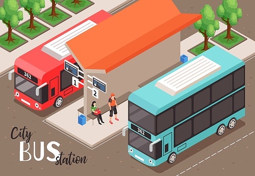 Isometric city bus stop composition with outdoor view of public stop with two platforms and people vector illustration