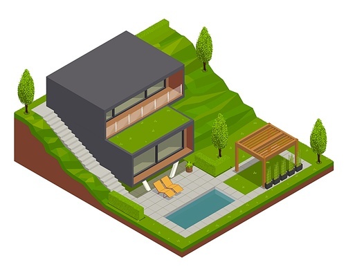 Landscape design isometric composition with outdoor view of modern villa and decorated backyard with green terrain vector illustration