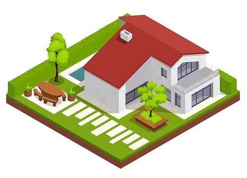 Landscape design isometric composition with view of residential yard with house and backyard with modern decorations vector illustration