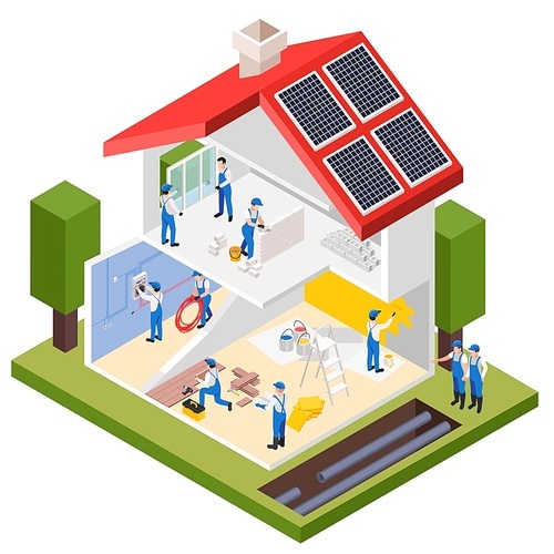 Renovation repair works isometric composition with profile view of private house under maintenance with workers brigade vector illustration