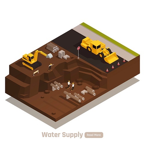 Water supply system isometric web page element with bulldozer excavator digging trenches for pipes installation vector illustration