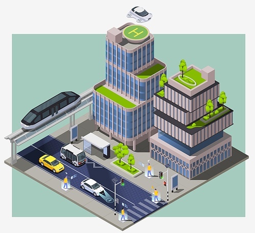 Smart city technologies isometric composition with image of city block with remote vehicles buildings and people vector illustration