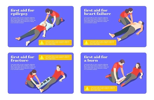 First aid treatment steps for epilepsy fracture burn heart failure 4 isometric flashcards banners vector illustration