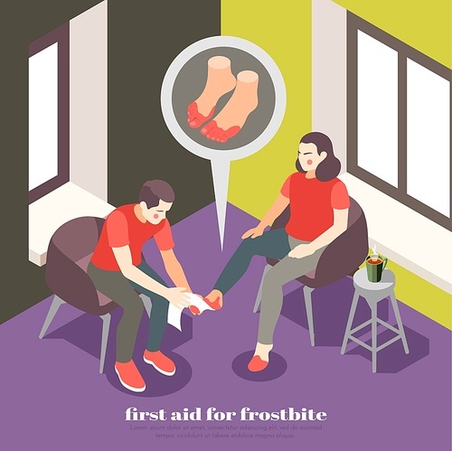 first aid steps for frostbite isometric background composition with rewarming frostbitten toes  warm liquid vector illustration