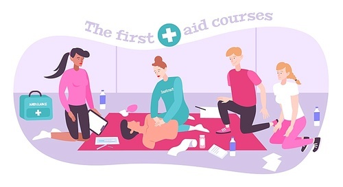 First aid training flat composition with people on training with medical appliances cross and editable text vector illustration
