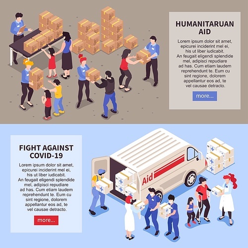 Isometric set of two horizontal humanitarian support banners with people helping needy and infected with covid 19 3d isolated vector illustration