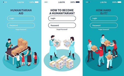 Vertical isometric icons set with login form and volunteers providing humanitarian support 3d isolated vector illustration