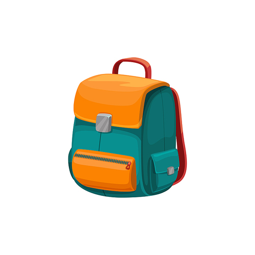 Backpack isolated pupils rucksack in orange and blue color. Vector school bag with pockets