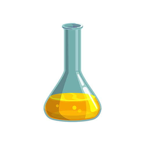 Chemical flask isolated laboratory reservoir with yellow fluid liquid. Vector medical glassware item