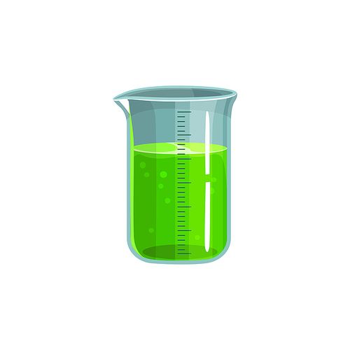 Glass flask isolated measuring cup. Vector chemical measuring jug with green liquid fluid