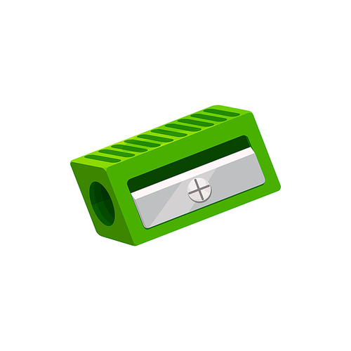 Green pencil sharpener isolated school stationery tool. Vector plastic sharpener with metal blade