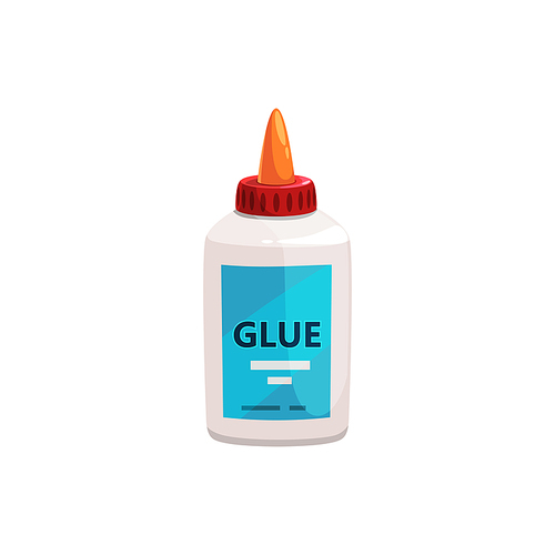 Glue in container isolated school stationery tool. Vector PVA white polymer glue