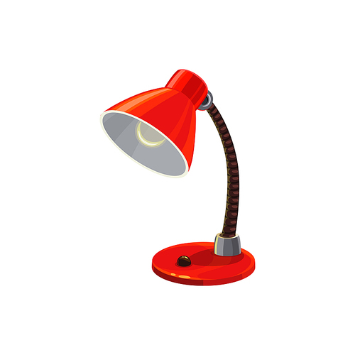 Red table lamp isolated desk spotlight device. Vector desktop electrical bulb lamp