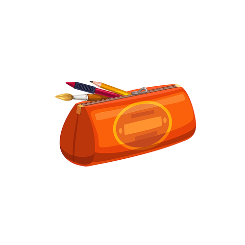 Pencil-case isolated container on zipper with pencil, pen and brush. Vector school stationary equipment