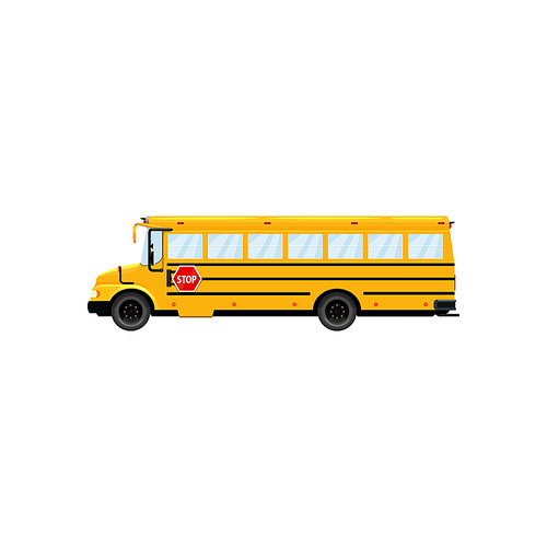 School bus with stop sign isolated transport vehicle. Vector yellow schoolbus, side view