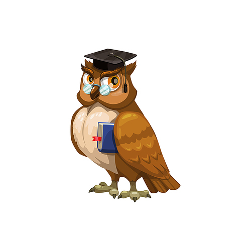 Owl in graduation cap and glasses isolated bird. Vector feathered animal, back to school