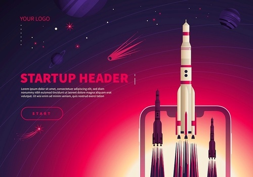 Space startup concept banner with clickable start button editable text stars and images of launching rockets vector illustration