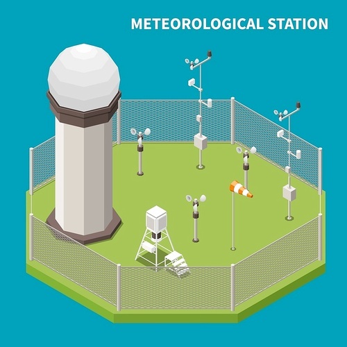 Weather forecast isometric concept with meteorological station symbols vector illustration