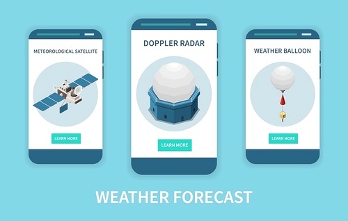Weather forecast isometric set with radar and satellite  symbols isolated vector illustration