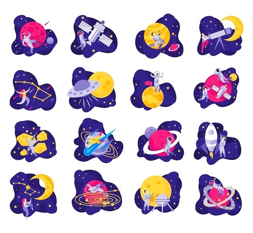 Astronomy space people flat icons collection with isolated doodle style compositions of spacecrafts and planet images vector illustration