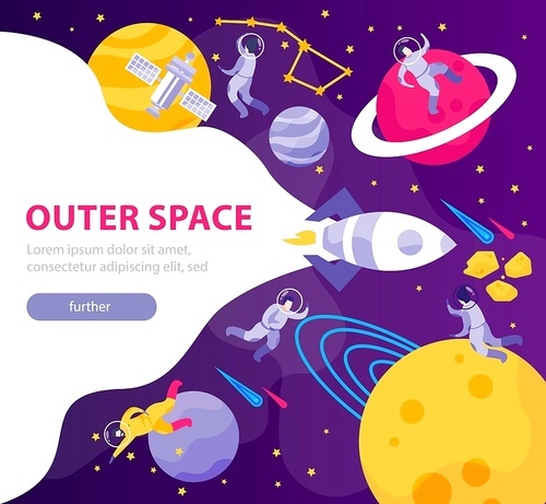 Astronomy space people flat background with editable text clickable button and composition of doodle cosmic images vector illustration