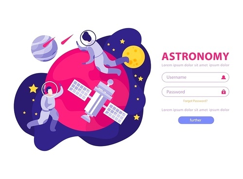 Astronomy space people flat background web site authentication page with fields for entering username and password vector illustration