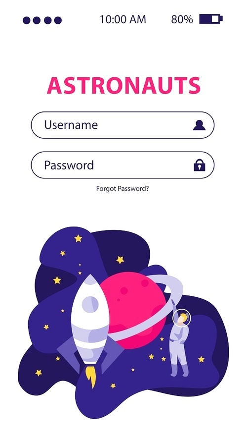 Astronomy space people flat background for mobile website login page with images user and password fields vector illustration