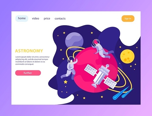 Astronomy space people flat composition with landing page background clickable links text and images of astronauts vector illustration