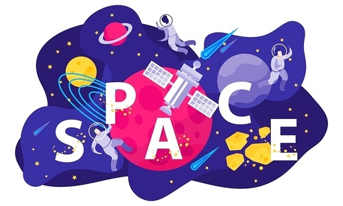 Astronomy space people flat composition with letters surrounded by stars and planets with characters of astronauts vector illustration