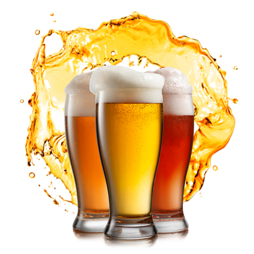 Different beer in glasses with splash isolated on white