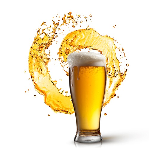 Beer in glass with splash isolated on white