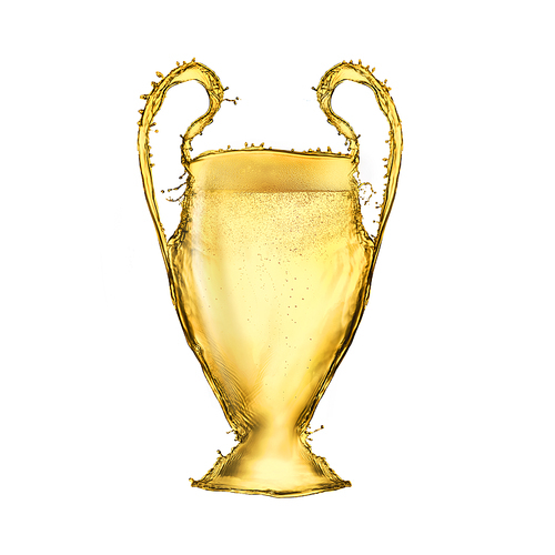 Football yellow cup made from beer isolated on white.