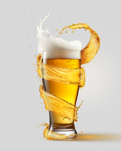 A cold glass of beer and a splash around it isolated on a gray background