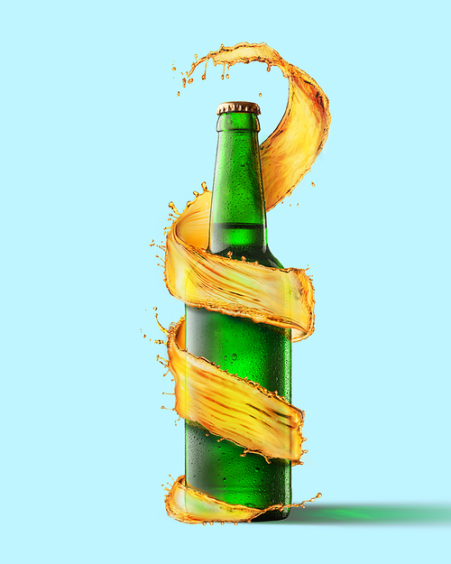 A green beer bottle and a splash around it isolated on a blue background