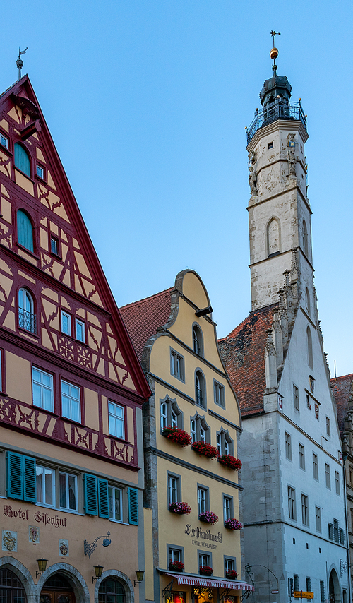Rothenburg ob der Tauber, Bavaria / Germany - 23 July 2020: historic buildings in the old city center of Rotheburg ob der Tauber