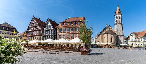 Schwaebisch Gmuend, BW / Germany - 23 July 2020: beautiful half-timbered houses and street cafes in Schwaebisch Gmuend