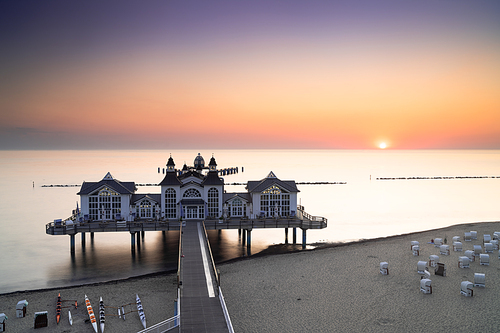 A view of the Sellin pier on Ruegen Island on the Baltic Sea at sunrise