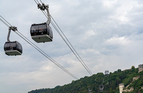 Koblenz, RP / Germany - 1 August 2020: view of the Koblenz cable car transporting tourists across the Rhine
