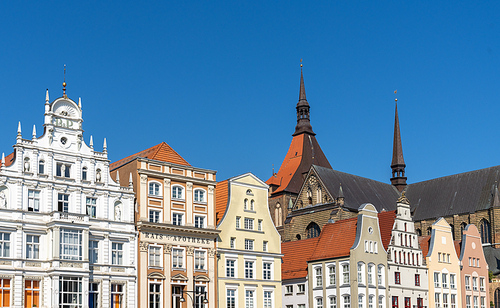 Rostock, M-V / Germany - 11 August 2020: view of the houses at the Neuer Markt Square in Rostock