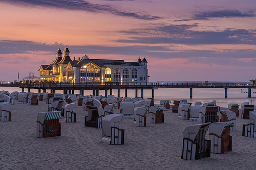 Sellin, M-V / Germany - 15 August 2020: view of the Sellin pier on Ruegen Island on the Baltic Sea at sunset