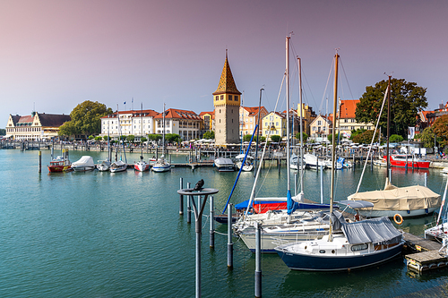 Lindau, Bavaria / Germany - 20 September 2020: the harbor at Lindau Island on Lake Constance