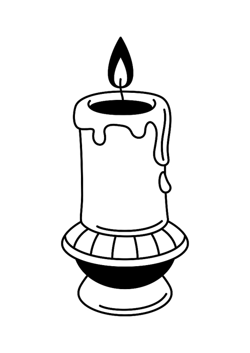 magic antique candle on candlestick. mystic, alchemy, spirituality,  art. isolated vector illustration. black and white simbol.