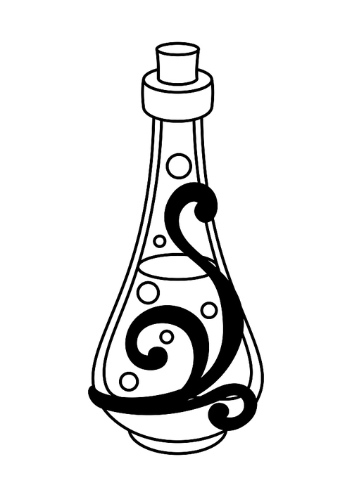 bottle with magic elixir or potion. mystic, alchemy, spirituality,  art. isolated vector illustration. black and white simbol.