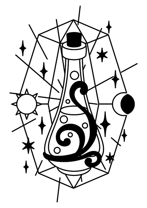 Magic illustration with elixir. Mystic, alchemy, spirituality and tattoo art. Isolated vector print. Black and white magical simbol.