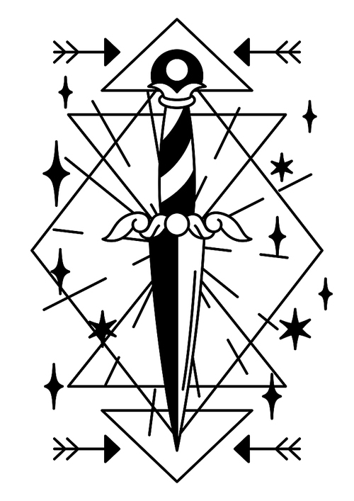 magic illustration with ancient dagger. mystic, alchemy, spirituality and  art. isolated vector print. black and white magical simbol.
