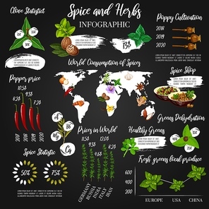 Cooking spices and seasoning herbs vector infographics and statistics. Herbal flavoring and food cooking spices diagrams on world map in cultivation, prices and consumption percent