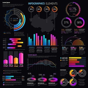 Infographics elements with vector graphs and charts. Business presentation info graphic templates with bar graphs, statistic data step and pie charts, timeline, process and option diagrams