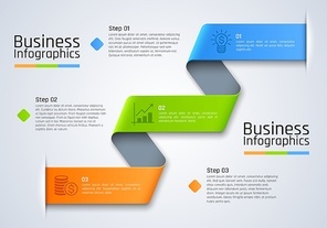 Step chart infographics of business presentation vector template. Chart, graph and diagram with 3 step, process or option layouts, flowchart or workflow info graphic with ribbon swirls, business icons